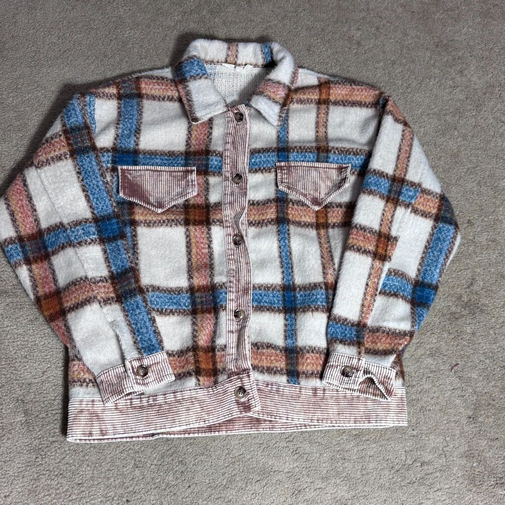 Mazik Plaid Button Down Shacket Jacket Corduroy Trim Size M